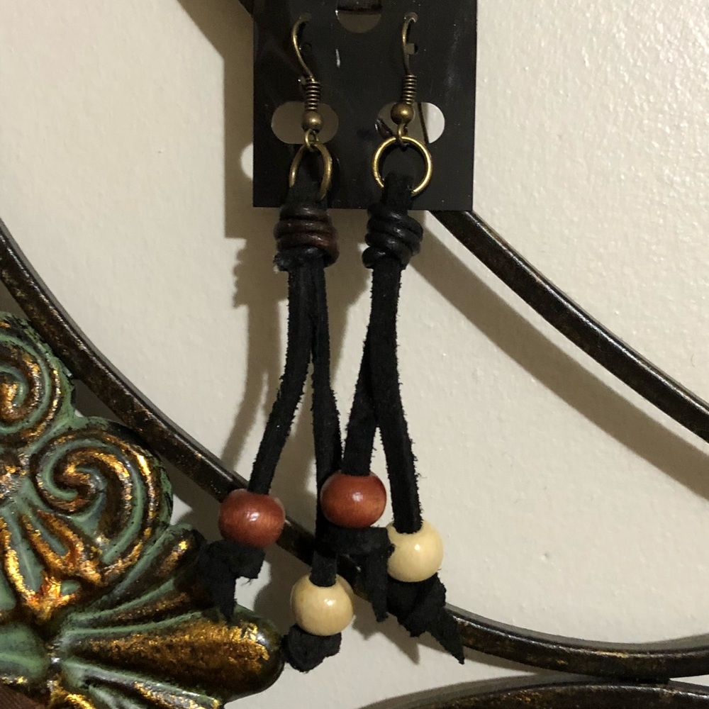 Genuine Leather and Wood Bead Earrings